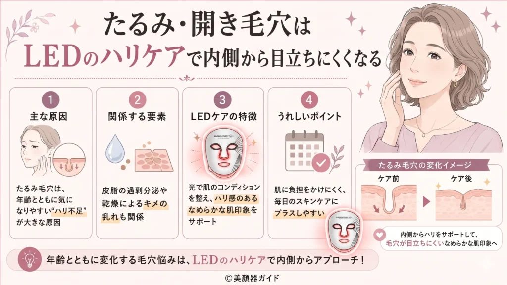 たるみ・開き毛穴はカレントボディLEDのハリケアで内側から目立ちにくく