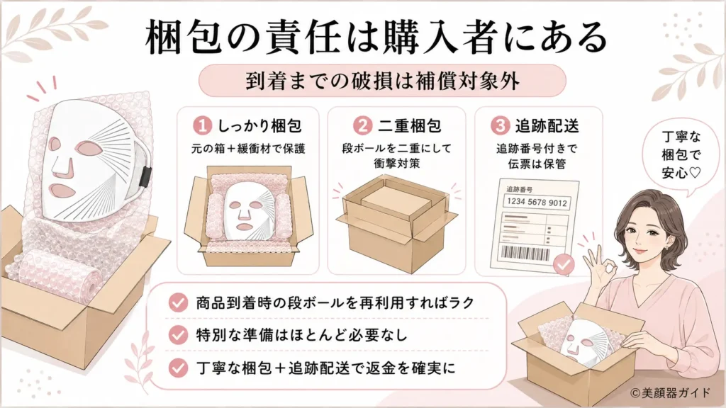カレントボディの返金保証で返品時に丁寧な梱包が必要なことを示すイメージ