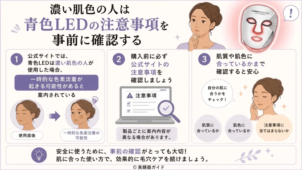濃い肌色の人はカレントボディ青色LEDの注意事項を事前に確認
