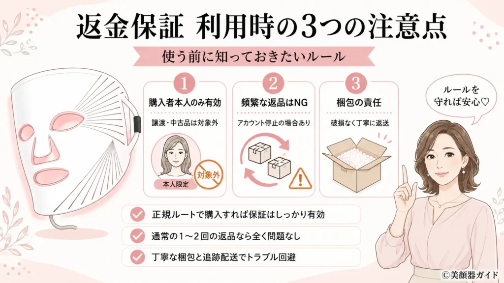 カレントボディの返金保証を使うときの注意点を示すイメージ
