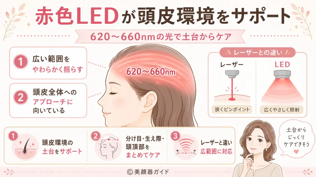 カレントボディ頭皮・頭髪ケアデバイス-赤色LEDとレーザーの違い