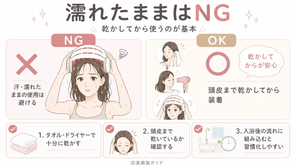 カレントボディ頭皮・頭髪ケアデバイス-汗で濡れた状態では使用しない