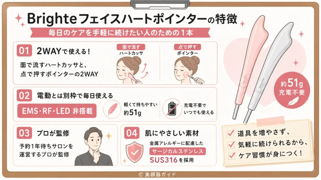 Brighteフェイスハートポインターは押す・流すを1本で完結できる2WAYツール