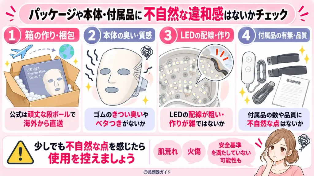 梱包や本体、LED配線、付属品に不自然な点がないか確認し、違和感があれば使用を控える