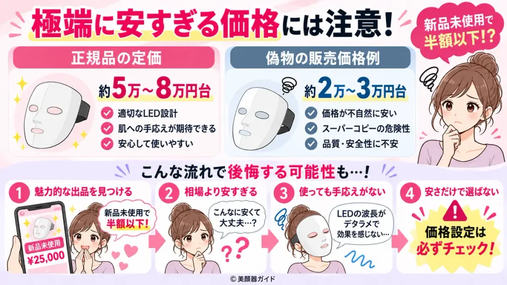 定価より極端に安いカレントボディ商品には、偽物や粗悪なコピー品の可能性があるため注意が必要
