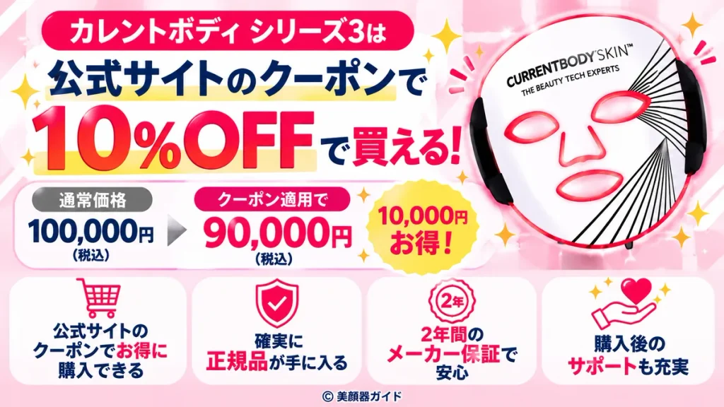 カレントボディシリーズ3は公式クーポンで10％OFF、90,000円で購入可能