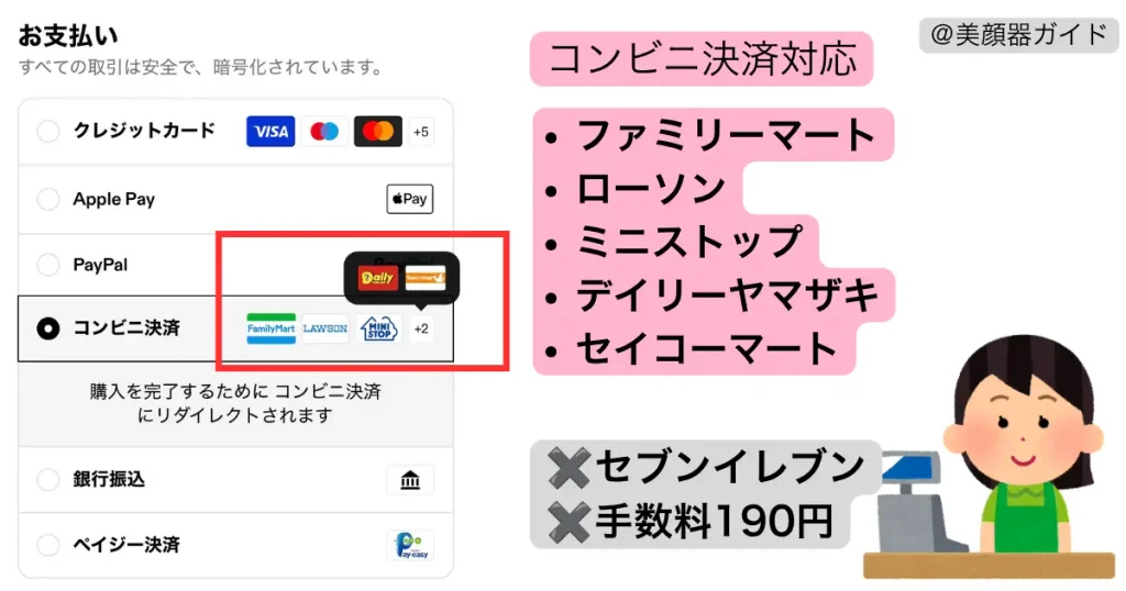 カレントボディで利用できるコンビニ決済：ファミマ・ローソンなど5社対応【セブン非対応／手数料190円／支払い期限7日以内】